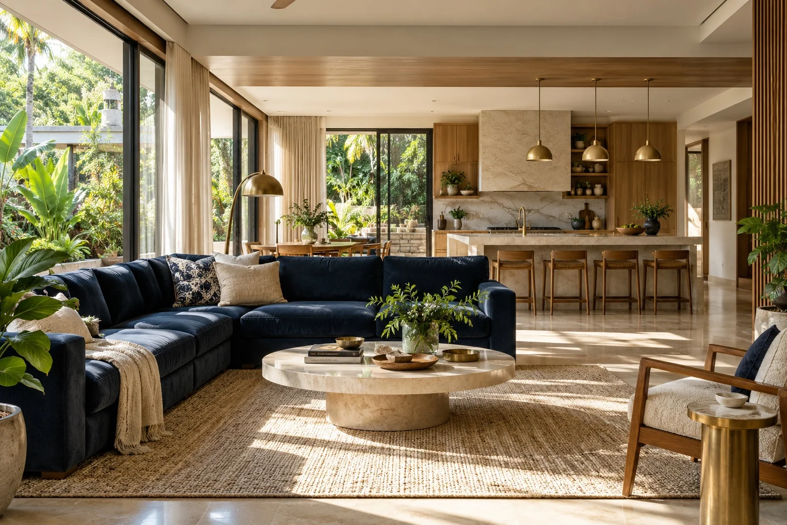 Sunlit modern living room and open modular kitchen